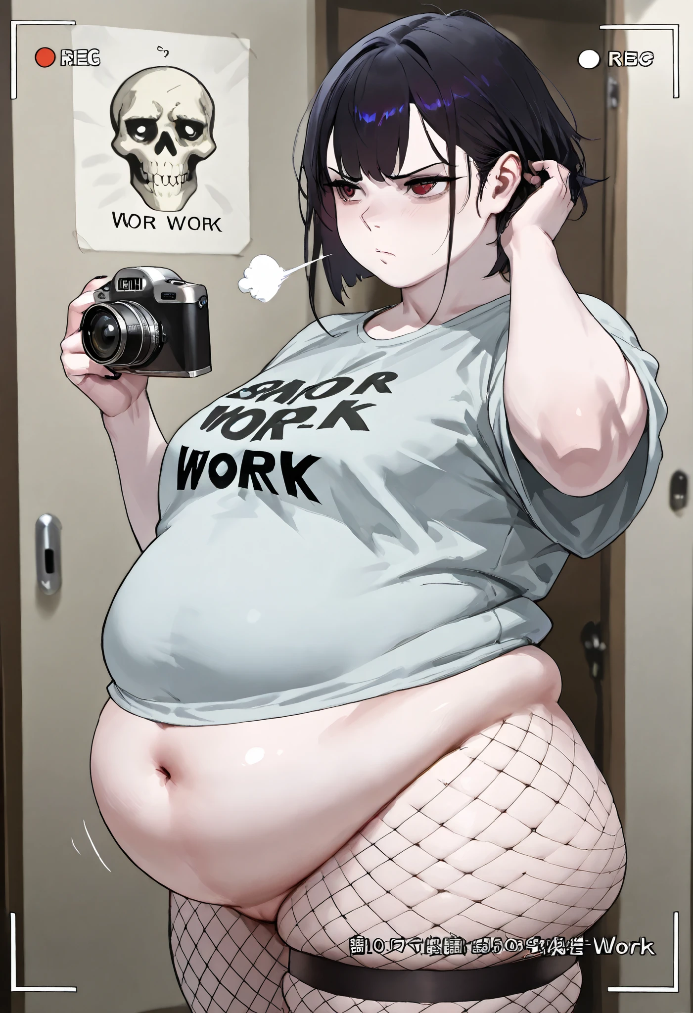 1girl, vampire girl, black stringy hair with beautiful skin looking at the camera, (disappointed emotions:1.1) holding a camera, ((fat neck)) anime girl, pale skin, detailed background, detailed face shot (masterpiece, high quality:1), , fishnet bodystocking, fat girl, big belly, (oversized long skull shirt), (bottomless) (skindentation) (safe for work:1.2) , fat rolls, belly rolls, small perky breasts,, from the side, panties, (blowing out air), (upset and sad)