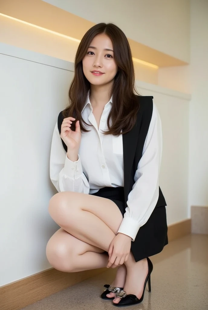 Japanese woman, beautiful face,、Long black hair,、White shirt、Office Lady、Micro Mini Skirt、Beautiful feet、barefoot、tall、Black heels、Model Pose、 sexly、Sit on a chair and cross your legs