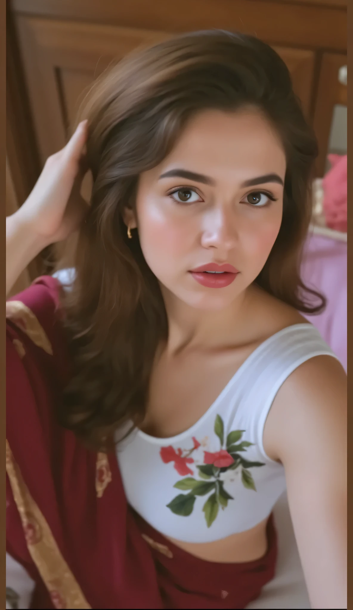 a close up of a woman with a red sari and a pink background, a pastel by John Luke, instagram, photorealism, cute beautiful, beautiful cute, very pretty face, soft portrait shot 8 k, attractive girl, she has a cute face, fanart, cute woman, stylish pose, pretty face!!, attractive and beautiful, very attractive and beautiful, very beautiful girl