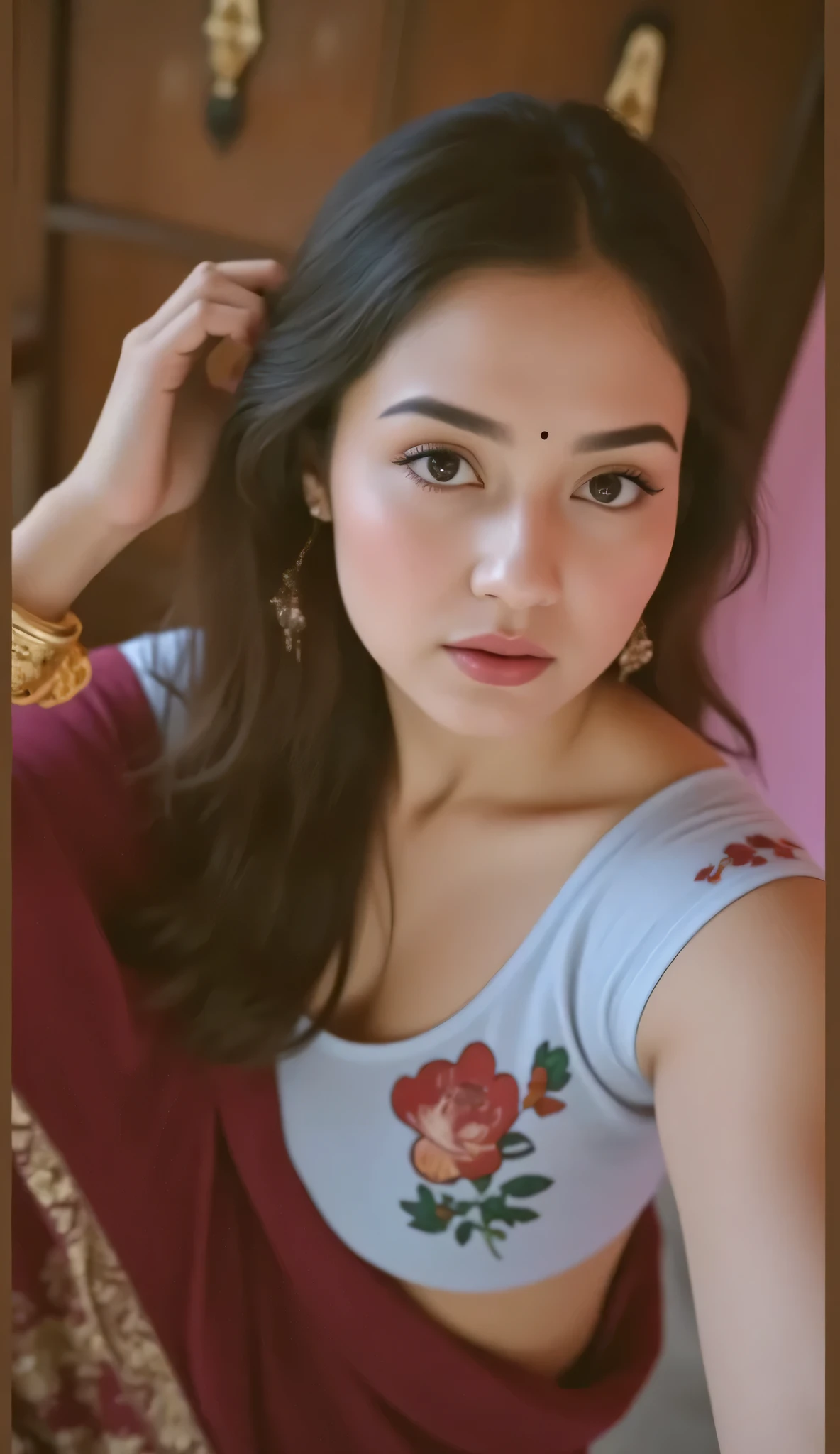 a close up of a woman with a red sari and a pink background, a pastel by John Luke, instagram, photorealism, cute beautiful, beautiful cute, very pretty face, soft portrait shot 8 k, attractive girl, she has a cute face, fanart, cute woman, stylish pose, pretty face!!, attractive and beautiful, very attractive and beautiful, very beautiful girl, standing