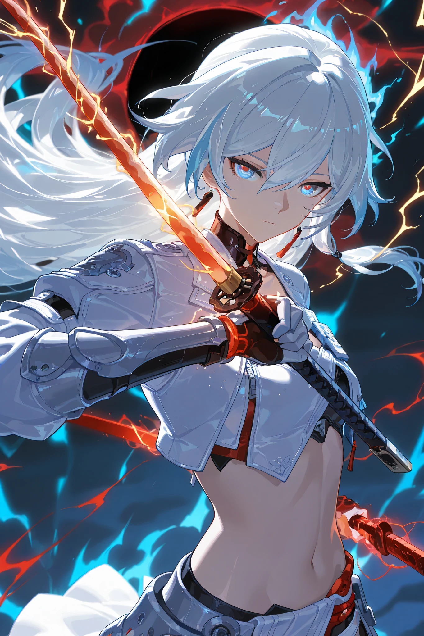 Anime illustration, backlighting, backlit, cold light, colorful, light reflection, solo, 1girl, upper body shot, asymmetrical armor, detailed skin, extremely detailed eyes, dynamic pose, [Fu Hua(CoT):Lucia Crimson Weave /(punishing gray raven)/:0.6], two hands, dual wielding, white hair, long hair, golden aura, black hole in the background, stylized black hole, zanmadao, (holding a nodachi, holding a massive katana, white and blue and red electricity, red electric aura, black electricity:1.33), torrential downpour of flames, burning rain, barely constrained madness, expressionless, small breasts, white and gray armor, white clothes, cosmic arm, astral arm, chinese clothes, Herrscher of Sentience /(Honkai Impact 3rd)/, white jacket, long jacket, trenchcoat, exposed midriff, exposed stomach, ancient greek skirt, toga armor, golden aura, golden hairstreaks, golden streaks