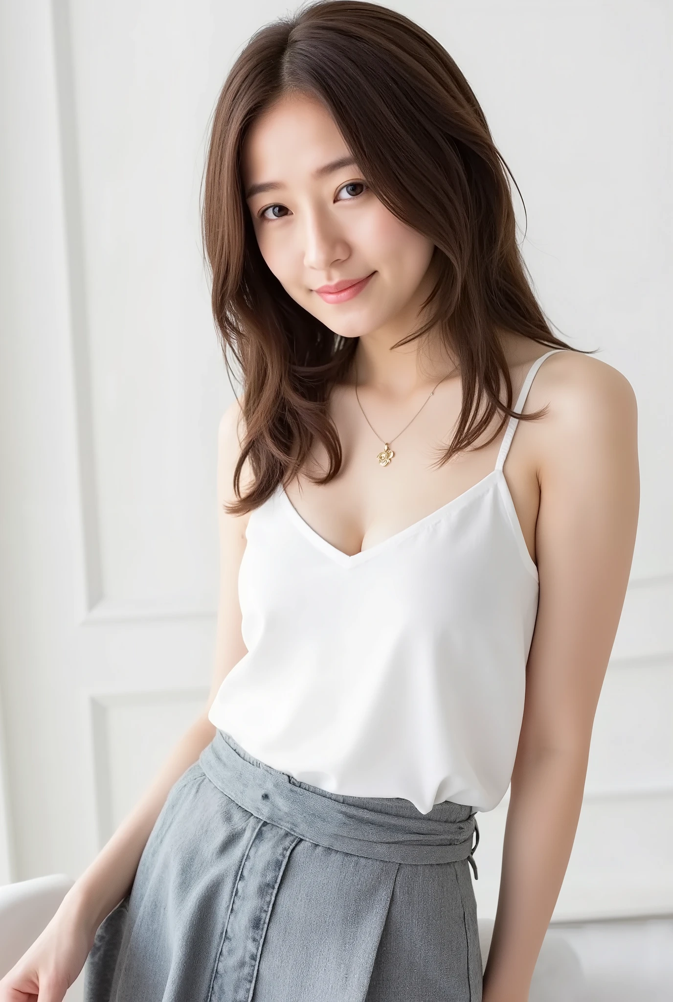(RAW photo:1.2), (realistic), (Genuine:1.4), 1、perfect anatomy、4、staring at the camera、beautiful Japanese woman, alone, 1, supermodel in her wet 20s, Japan matured, (smile), has a slightly plump body, (brown hair, shoulder length straight hair ),