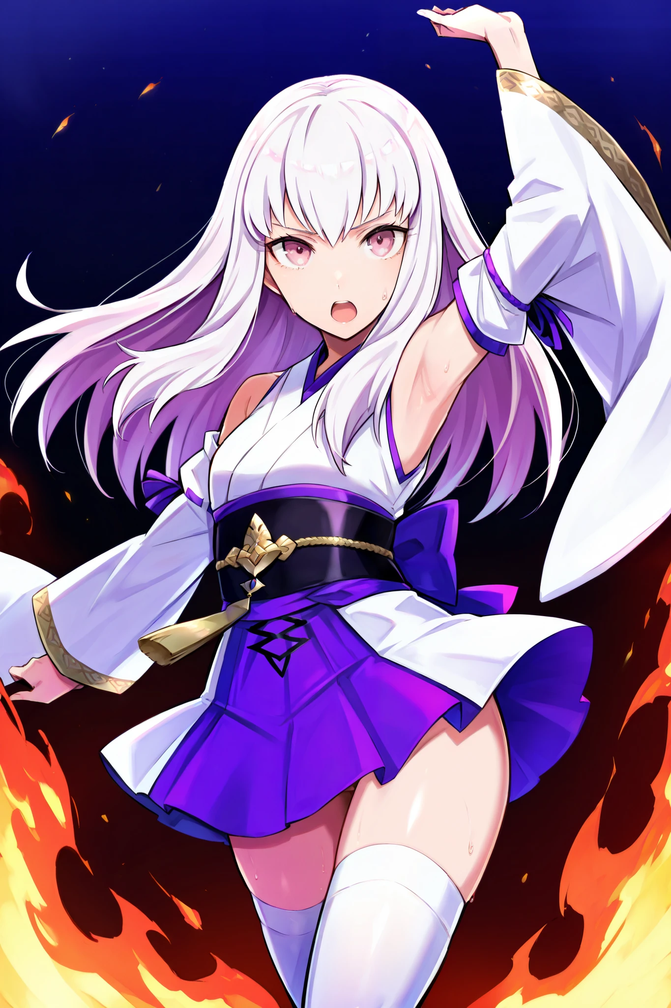 score 9, score 8 up, score 7 up, ultra-detailed, (best quality, masterpiece, ultra detailed, ultra high res, absurdres, high-resolution, highest quality, very aesthetic, textile shading), source anime, (detailed eyes), (detailed face), nsfw, uncensored, (mappaninatta), (lysithea von cordelia), (fire emblem), (fire emblem: three houses), japanese clothes, kimono, kimono skirt, detached sleeves, wide sleeves, white kimono, zettai ryouiki, white thighhighs, short kimono, bare shoulder, alternate costume, looking at viewer, dancing, arm up, armpits, open mouth, sweat,
