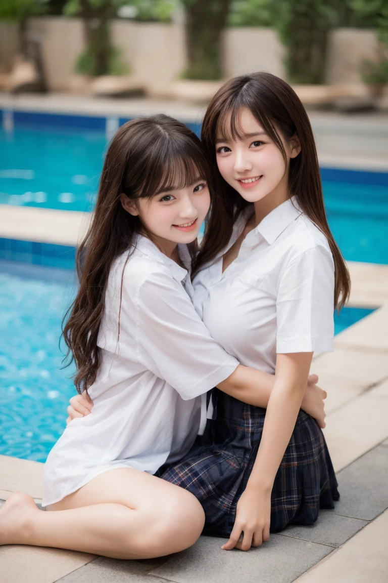 2 girls, ((uniform)), light smile, sitting, outdoor, pool,