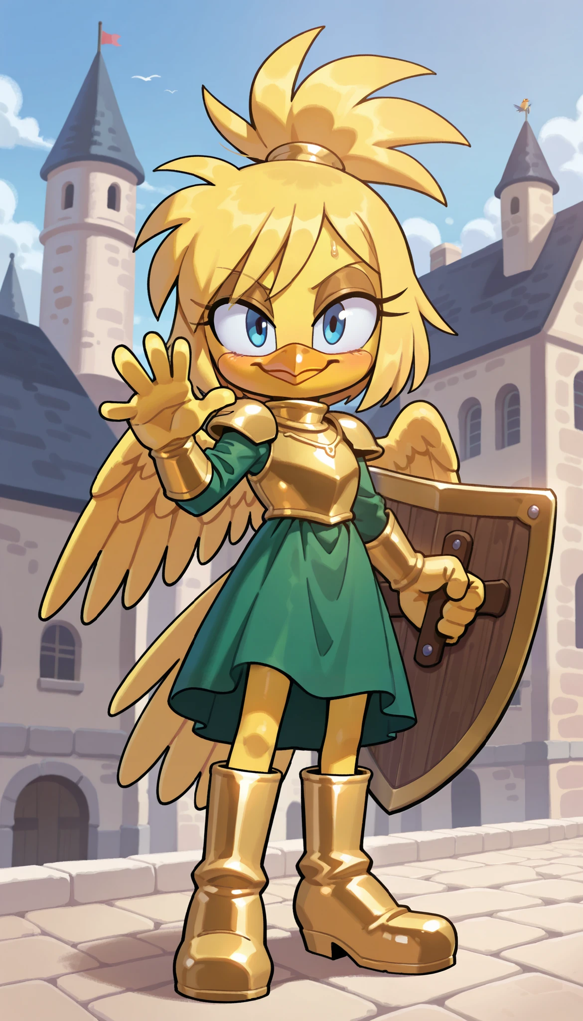 score_9, score_8_up, score_7_up, 1girl, solo, masterpiece, best quality, amazing quality, very aesthetic, absurdres, source furry, furry girl, canary bird, blue eyes, yellow body fur, orange bird beak, yellow hair, messy spiky bangs, spiky messy hair, messy spiky ponytail, bird features, looking at viewer, oily skin, yellow feathered wings, (short body, tiny body), big head, closeup, ((medieval clothes, green dress, gold armor, gold boots armor, gold armor guantlets)), full body, bird tail, medieval castle on background, hand with five fingers, small chest, weapon pose, holding a big shield, smile, standing,