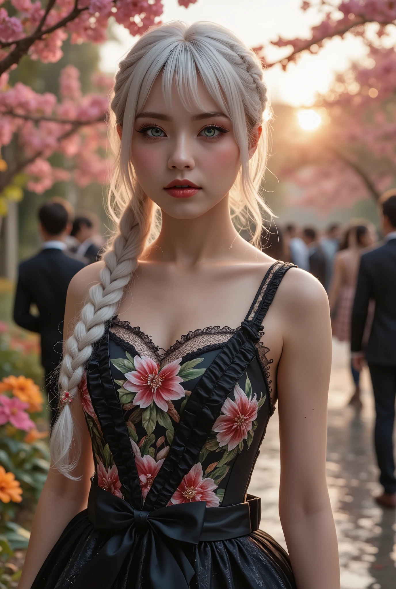 [Style: "masterpiece, realistic (Photorealistic realism), Hyper high resolution, (ultra quality, intricately detailed digital art), focus on extremely Realistic Proportion Body"] (Key Directive: "Prioritize anatomical accuracy and material textures") "Portrait of {a woman with, wearing a dress, standing in a garden | ultra realistic texture details: velvety skin, hair}" {Character: "20-year-old white woman" | Face: "symmetrical, pale skin, full lips, red lipstick: 1.15" | Eyes: "((sharp focus, no blurry eyes, Hyper absurd quality, Hyper details, Hyper realistic green eyes:1.4))" - "((extra narrow eyebrows))" - "(Carefully draw Long blue_mascara:1.2)" - "(perfect round eyes)" | Makeup: "detailed lips:1.3, (apply glossy red_lipstick:1.3)" | Hair: waist-length white braid (setting light reflections: 0.8)" | Pose: "dynamic side position" - "hand is stretched out towards the viewer (inviting hand gesture)" | Outfit: [Top: - "White Dress made of (clothes made of silk and flower, lace fishnet, tight fitting dresses)] [Bottom: "Ruffled Black Gothic Punk Skirt (lace with fishnets, white lace-up)]" - "Ultra intricate detailed ((she is the embodiment of beauty and allure, Dressed in a breathtaking and sophisticated floral bodysuit, elegant and sophisticated fashion:1.2)) | Environment: "garden street at sunset (((rain-slick cobblestones), colorful flowers, cherry blossoms))" | Lighting: - "Cinematic clarity and global illumination") Technical Specs: (DOF: "shallow, f/1.8, blurred crowd in background") (Post-Processing: "Specifications: (DPF: "deep, f/1.8, distinct garden in the background") (Post-production: "chromatic aberration: 0.7") (Rendering engine: "Unreal Engine 5 path tracing, 16K texture maps") }