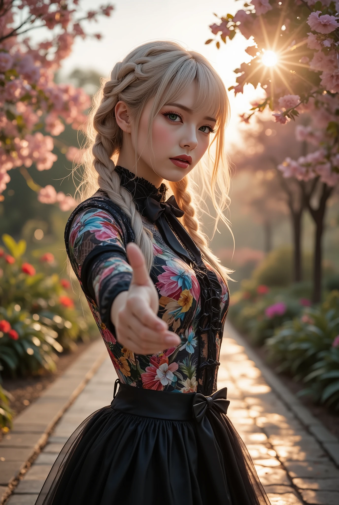 [Style: "masterpiece, realistic (Photorealistic realism), Hyper high resolution, (ultra quality, intricately detailed digital art), focus on extremely Realistic Proportion Body"] (Key Directive: "Prioritize anatomical accuracy and material textures") "Portrait of {a woman with, wearing a dress, standing in a garden | ultra realistic texture details: velvety skin, hair}" {Character: "20-year-old white woman" | Face: "symmetrical, pale skin, full lips, red lipstick: 1.15" | Eyes: "((sharp focus, no blurry eyes, Hyper absurd quality, Hyper details, Hyper realistic green eyes:1.4))" - "((extra narrow eyebrows))" - "(Carefully draw Long blue_mascara:1.2)" - "(perfect round eyes)" | Makeup: "detailed lips:1.3, (apply glossy red_lipstick:1.3)" | Hair: waist-length white braid (setting light reflections: 0.8)" | Pose: "dynamic side position" - "hand is stretched out towards the viewer (inviting hand gesture)" | Outfit: [Top: - "White Dress made of (clothes made of silk and flower, lace fishnet, tight fitting dresses)] [Bottom: "Ruffled Black Gothic Punk Skirt (lace with fishnets, white lace-up)]" - "Ultra intricate detailed ((she is the embodiment of beauty and allure, Dressed in a breathtaking and sophisticated floral bodysuit, elegant and sophisticated fashion:1.2)) | Environment: "garden street at sunset (((rain-slick cobblestones), colorful flowers, cherry blossoms))" | Lighting: - "Cinematic clarity and global illumination") Technical Specs: (DOF: "shallow, f/1.8, blurred crowd in background") (Post-Processing: "Specifications: (DPF: "deep, f/1.8, distinct garden in the background") (Post-production: "chromatic aberration: 0.7") (Rendering engine: "Unreal Engine 5 path tracing, 16K texture maps") }