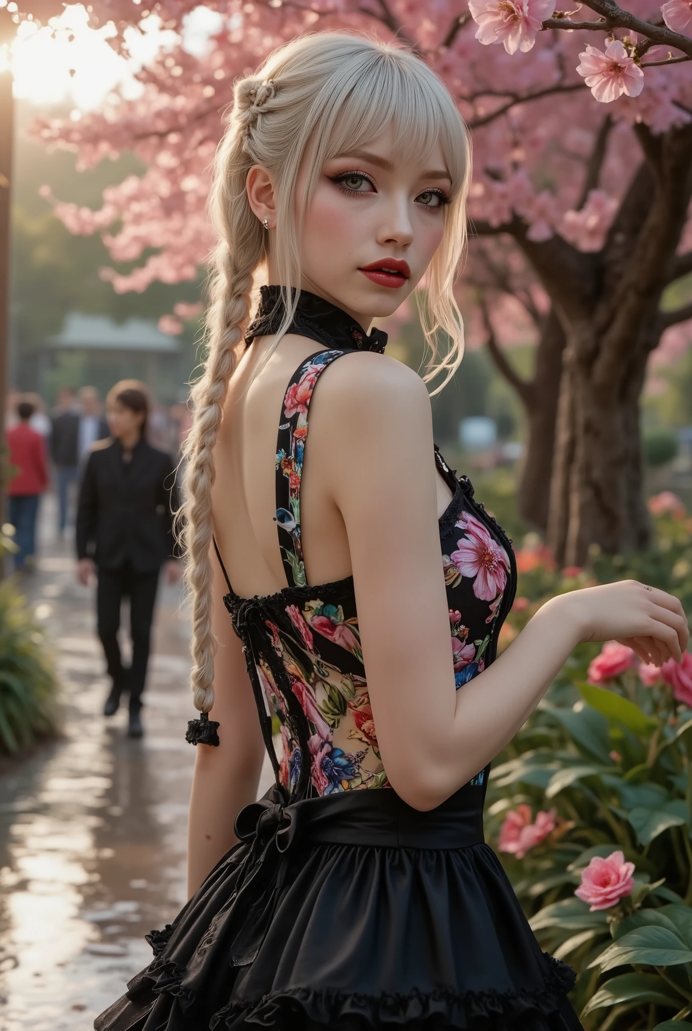 [Style: "masterpiece, realistic (Photorealistic realism), Hyper high resolution, (ultra quality, intricately detailed digital art), focus on extremely Realistic Proportion Body"] (Key Directive: "Prioritize anatomical accuracy and material textures") "Portrait of {a woman with, wearing a dress, standing in a garden | ultra realistic texture details: velvety skin, hair}" {Character: "20-year-old white woman" | Face: "symmetrical, pale skin, full lips, red lipstick: 1.15" | Eyes: "((sharp focus, no blurry eyes, Hyper absurd quality, Hyper details, Hyper realistic green eyes:1.4))" - "((extra narrow eyebrows))" - "(Carefully draw Long blue_mascara:1.2)" - "(perfect round eyes)" | Makeup: "detailed lips:1.3, (apply glossy red_lipstick:1.3)" | Hair: waist-length white braid (setting light reflections: 0.8)" | Pose: "dynamic side position" - "hand is stretched out towards the viewer (inviting hand gesture)" | Outfit: [Top: - "White Dress made of (clothes made of silk and flower, lace fishnet, tight fitting dresses)] [Bottom: "Ruffled Black Gothic Punk Skirt (lace with fishnets, white lace-up)]" - "Ultra intricate detailed ((she is the embodiment of beauty and allure, Dressed in a breathtaking and sophisticated floral bodysuit, elegant and sophisticated fashion:1.2)) | Environment: "garden street at sunset (((rain-slick cobblestones), colorful flowers, cherry blossoms))" | Lighting: - "Cinematic clarity and global illumination") Technical Specs: (DOF: "shallow, f/1.8, blurred crowd in background") (Post-Processing: "Specifications: (DPF: "deep, f/1.8, distinct garden in the background") (Post-production: "chromatic aberration: 0.7") (Rendering engine: "Unreal Engine 5 path tracing, 16K texture maps") }