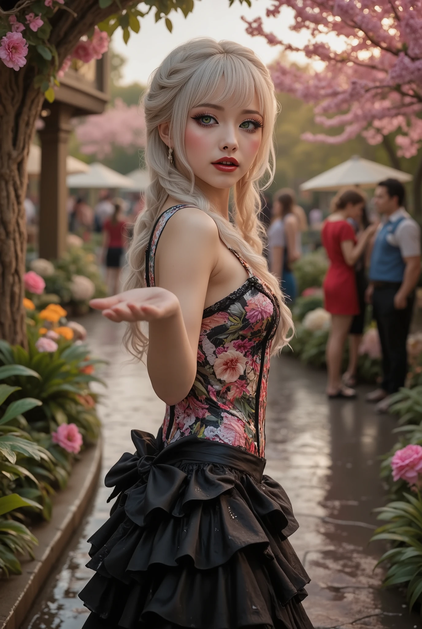 [Style: "masterpiece, realistic (Photorealistic realism), Hyper high resolution, (ultra quality, intricately detailed digital art), focus on extremely Realistic Proportion Body"] (Key Directive: "Prioritize anatomical accuracy and material textures") "Portrait of {a woman with, wearing a dress, standing in a garden | ultra realistic texture details: velvety skin, hair}" {Character: "20-year-old white woman" | Face: "symmetrical, pale skin, full lips, red lipstick: 1.15" | Eyes: "((sharp focus, no blurry eyes, Hyper absurd quality, Hyper details, Hyper realistic green eyes:1.4))" - "((extra narrow eyebrows))" - "(Carefully draw Long blue_mascara:1.2)" - "(perfect round eyes)" | Makeup: "detailed lips:1.3, (apply glossy red_lipstick:1.3)" | Hair: waist-length white braid (setting light reflections: 0.8)" | Pose: "dynamic side position" - "hand is stretched out towards the viewer (inviting hand gesture)" | Outfit: [Top: - "White Dress made of (clothes made of silk and flower, lace fishnet, tight fitting dresses)] [Bottom: "Ruffled Black Gothic Punk Skirt (lace with fishnets, white lace-up)]" - "Ultra intricate detailed ((she is the embodiment of beauty and allure, Dressed in a breathtaking and sophisticated floral bodysuit, elegant and sophisticated fashion:1.2)) | Environment: "garden street at sunset (((rain-slick cobblestones), colorful flowers, cherry blossoms))" | Lighting: - "Cinematic clarity and global illumination") Technical Specs: (DOF: "shallow, f/1.8, blurred crowd in background") (Post-Processing: "Specifications: (DPF: "deep, f/1.8, distinct garden in the background") (Post-production: "chromatic aberration: 0.7") (Rendering engine: "Unreal Engine 5 path tracing, 16K texture maps") }