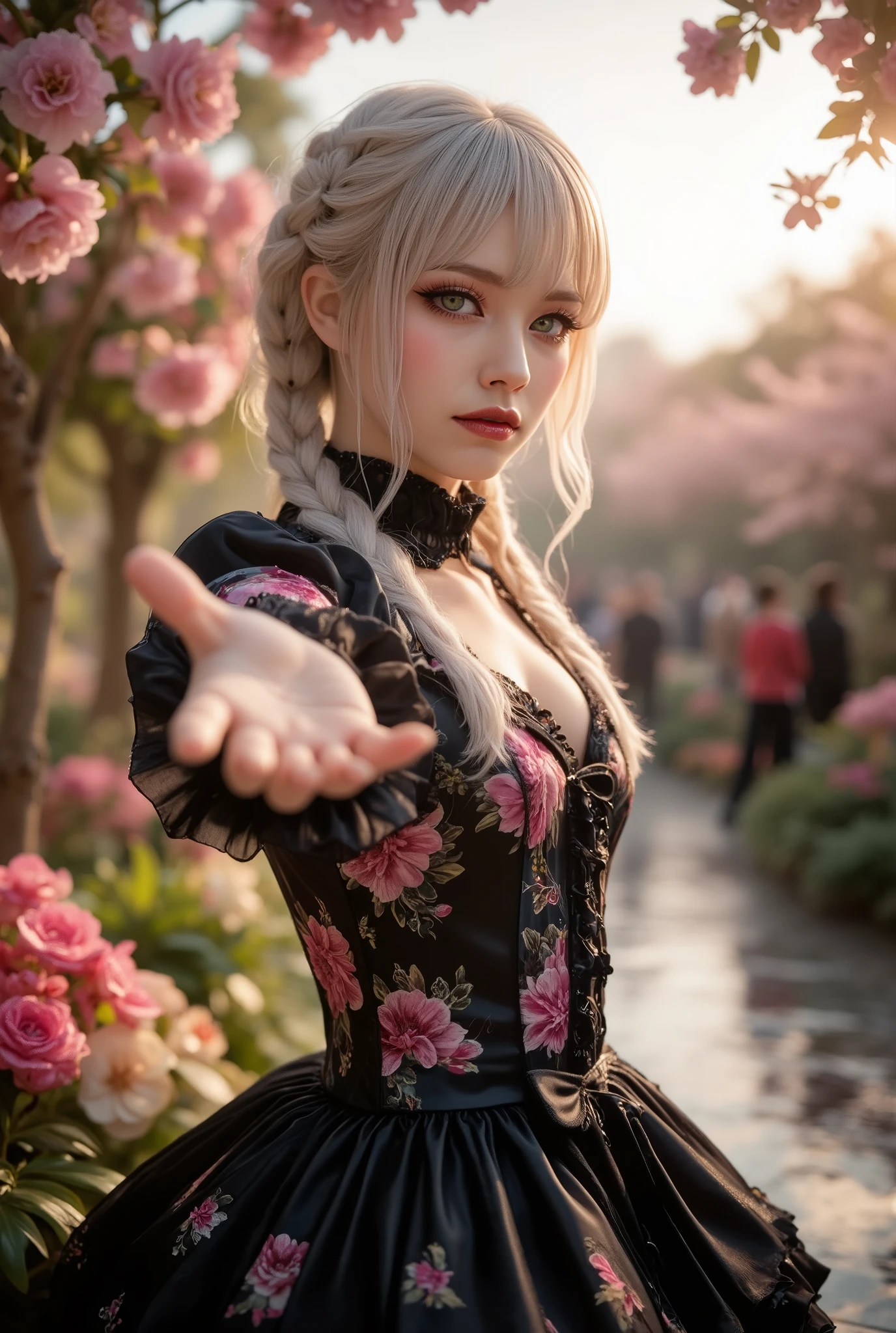 [Style: "masterpiece, realistic (Photorealistic realism), Hyper high resolution, (ultra quality, intricately detailed digital art), focus on extremely Realistic Proportion Body"] (Key Directive: "Prioritize anatomical accuracy and material textures") "Portrait of {a woman with, wearing a dress, standing in a garden | ultra realistic texture details: velvety skin, hair}" {Character: "20-year-old white woman" | Face: "symmetrical, pale skin, full lips, red lipstick: 1.15" | Eyes: "((sharp focus, no blurry eyes, Hyper absurd quality, Hyper details, Hyper realistic green eyes:1.4))" - "((extra narrow eyebrows))" - "(Carefully draw Long blue_mascara:1.2)" - "(perfect round eyes)" | Makeup: "detailed lips:1.3, (apply glossy red_lipstick:1.3)" | Hair: waist-length white braid (setting light reflections: 0.8)" | Pose: "dynamic side position" - "hand is stretched out towards the viewer (inviting hand gesture)" | Outfit: [Top: - "White Dress made of (clothes made of silk and flower, lace fishnet, tight fitting dresses)] [Bottom: "Ruffled Black Gothic Punk Skirt (lace with fishnets, white lace-up)]" - "Ultra intricate detailed ((she is the embodiment of beauty and allure, Dressed in a breathtaking and sophisticated floral bodysuit, elegant and sophisticated fashion:1.2)) | Environment: "garden street at sunset (((rain-slick cobblestones), colorful flowers, cherry blossoms))" | Lighting: - "Cinematic clarity and global illumination") Technical Specs: (DOF: "shallow, f/1.8, blurred crowd in background") (Post-Processing: "Specifications: (DPF: "deep, f/1.8, distinct garden in the background") (Post-production: "chromatic aberration: 0.7") (Rendering engine: "Unreal Engine 5 path tracing, 16K texture maps") }