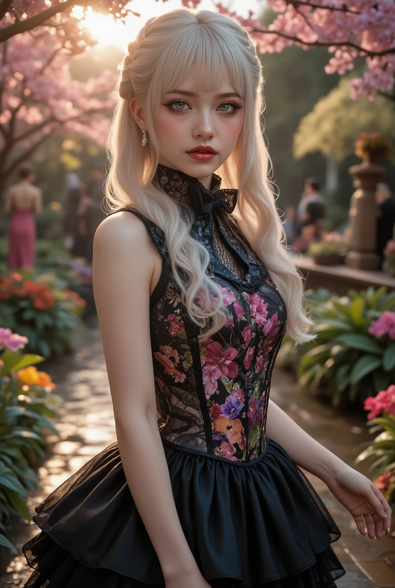  [Style: "masterpiece, realistic (Photorealistic realism), Hyper high resolution, (ultra quality, intricately detailed digital art), focus on extremely Realistic Proportion Body"] (Key Directive: "Prioritize anatomical accuracy and material textures") "Portrait of {a woman with, wearing a dress, standing in a garden | ultra realistic texture details: velvety skin, hair}" {Character: "20-year-old white woman" | Face: "symmetrical, pale skin, full lips, red lipstick: 1.15" | Eyes: "((sharp focus, no blurry eyes, Hyper absurd quality, Hyper details, Hyper realistic green eyes:1.4))" - "((extra narrow eyebrows))" - "(Carefully draw Long blue_mascara:1.2)" - "(perfect round eyes)" | Makeup: "detailed lips:1.3, (apply glossy red_lipstick:1.3)" | Hair: waist-length white braid (setting light reflections: 0.8)" | Pose: "dynamic side position" - "hand is stretched out towards the viewer (inviting hand gesture)" | Outfit: [Top: - "White Dress made of (clothes made of silk and flower, lace fishnet, tight fitting dresses)] [Bottom: "Ruffled Black Gothic Punk Skirt (lace with fishnets, white lace-up)]" - "Ultra intricate detailed ((she is the embodiment of beauty and allure, Dressed in a breathtaking and sophisticated floral bodysuit, elegant and sophisticated fashion:1.2)) | Environment: "garden street at sunset (((rain-slick cobblestones), colorful flowers, cherry blossoms))" | Lighting: - "Cinematic clarity and global illumination") Technical Specs: (DOF: "shallow, f/1.8, blurred crowd in background") (Post-Processing: "Specifications: (DPF: "deep, f/1.8, distinct garden in the background") (Post-production: "chromatic aberration: 0.7") (Rendering engine: "Unreal Engine 5 path tracing, 16K texture maps") }