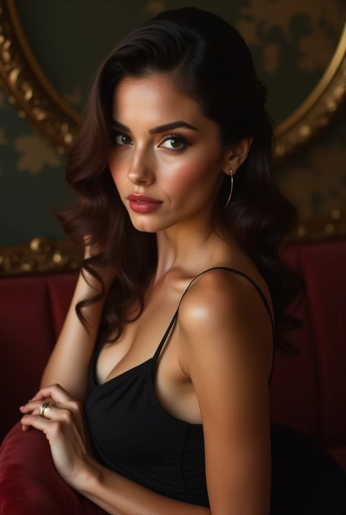 beautiful latina woman,milf,beautiful detailed eyes,beautiful detailed lips,realistic,photorealistic,detailed face,detailed body,detailed skin,elegant dress,sitting in room,indoor scene,high quality,8k,masterpiece,cinematic lighting,vibrant colors,dramatic lighting