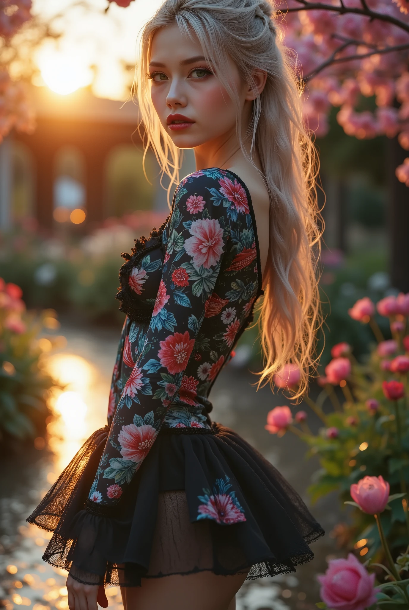  [Style: "masterpiece, realistic (Photorealistic realism), Hyper high resolution, (ultra quality, intricately detailed digital art), focus on extremely Realistic Proportion Body"] (Key Directive: "Prioritize anatomical accuracy and material textures") "Portrait of {a woman with, wearing a dress, standing in a garden | ultra realistic texture details: velvety skin, hair}" {Character: "20-year-old white woman" | Face: "symmetrical, pale skin, full lips, red lipstick: 1.15" | Eyes: "((sharp focus, no blurry eyes, Hyper absurd quality, Hyper details, Hyper realistic green eyes:1.4))" - "((extra narrow eyebrows))" - "(Carefully draw Long blue_mascara:1.2)" - "(perfect round eyes)" | Makeup: "detailed lips:1.3, (apply glossy red_lipstick:1.3)" | Hair: waist-length white braid (setting light reflections: 0.8)" | Pose: "dynamic side position" - "hand is stretched out towards the viewer (inviting hand gesture)" | Outfit: [Top: - "White Dress made of (clothes made of silk and flower, lace fishnet, tight fitting dresses)] [Bottom: "Ruffled Black Gothic Punk Skirt (lace with fishnets, white lace-up)]" - "Ultra intricate detailed ((she is the embodiment of beauty and allure, Dressed in a breathtaking and sophisticated floral bodysuit, elegant and sophisticated fashion:1.2)) | Environment: "garden street at sunset (((rain-slick cobblestones), colorful flowers, cherry blossoms))" | (Post-production: "chromatic aberration: 0.7") (Rendering engine: "Unreal Engine 5 path tracing, 16K texture maps"). The ultra-Highres,Unreal 5,Subsurface scattering,PBR Texturing,Post-Processing,Anisotropic Filtering,depth of fields,Maximum Sharpness and Sharpness,multi-layered texture,Albedo and Specular maps,Surface Shading,Precise simulation of light-material interactions,perfectly proportions,Octane rendering,Two-tone illumination,Wide Aperture, low ISO, white balance, The rule of thirds }