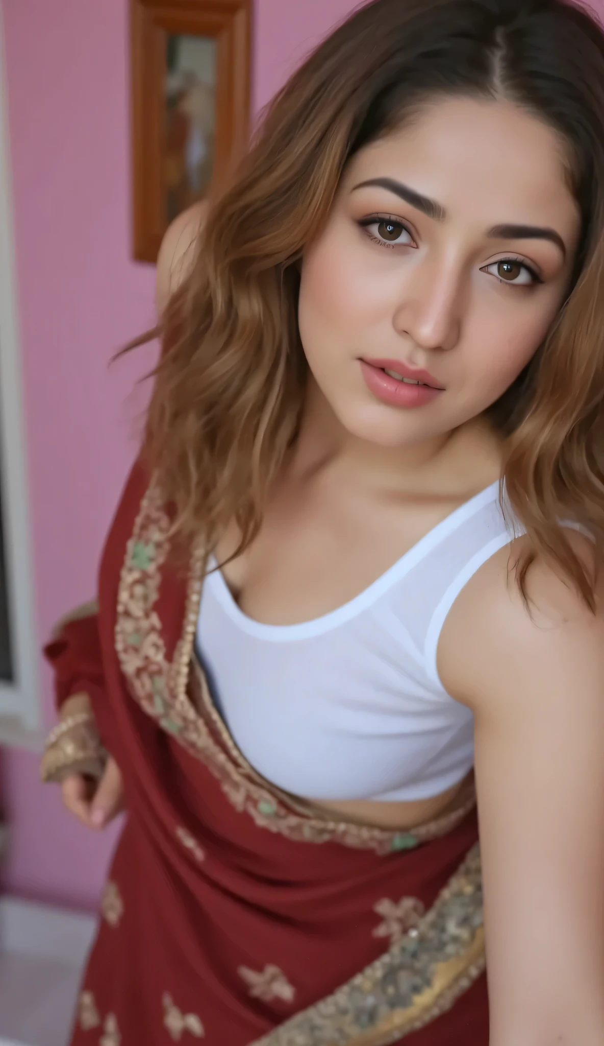 a close up of a woman with a red sari and a pink background, a pastel by John Luke, instagram, photorealism, cute beautiful, beautiful cute, very pretty face, soft portrait shot 8 k, attractive girl, she has a cute face, fanart, cute woman, stylish pose, pretty face!!, attractive and beautiful, very attractive and beautiful, very beautiful girl, black long hair,
