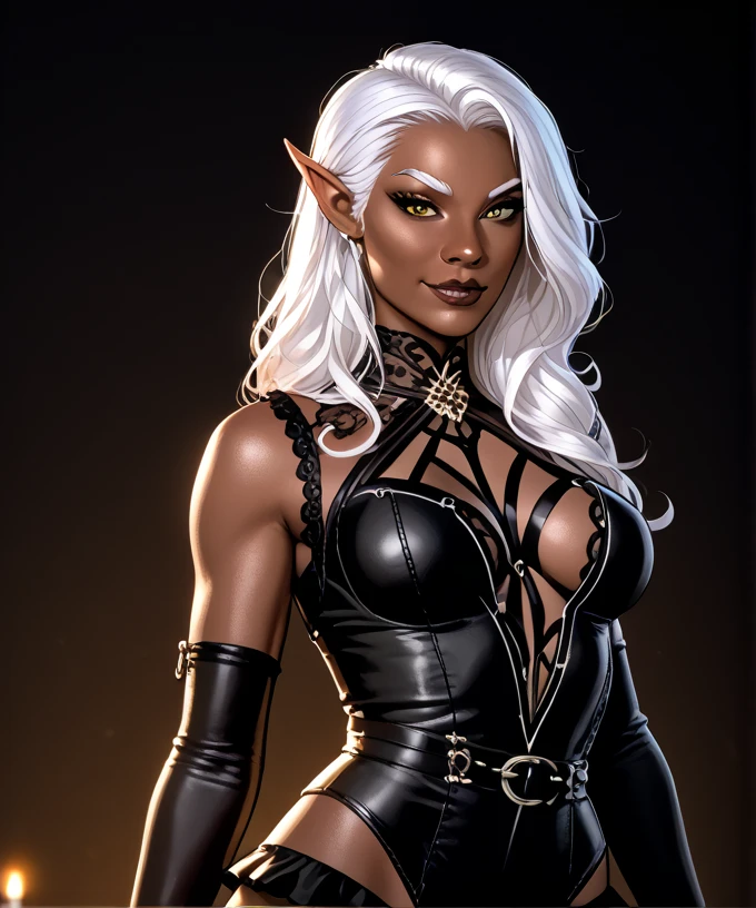(muted colors:1.3), (Dark image:1.3), (warm color palette:1.3), (dark Elf), (jet black leather), (lewd black lingerie), (dark night), (lying on black silk sheets), (dent in the skin:1.1), (detailed),digital art, (drawn), (headquarters),