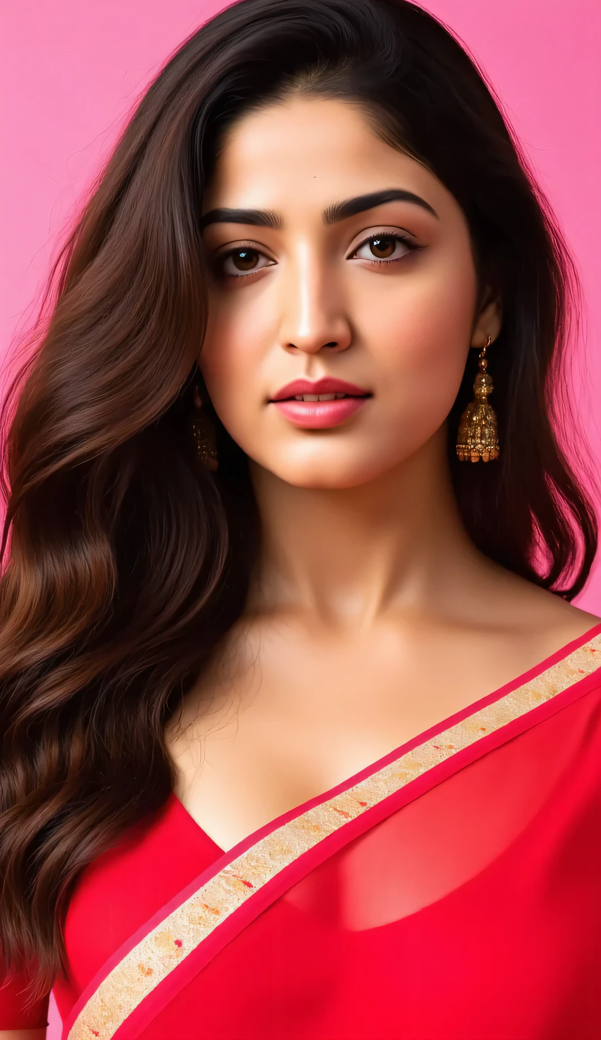 a close up of a woman with a red sari and a pink background, a pastel by John Luke, instagram, photorealism, cute beautiful, beautiful cute, very pretty face, soft portrait shot 8 k, attractive girl, she has a cute face, fanart, cute woman, stylish pose, pretty face!!, attractive and beautiful, very attractive and beautiful, very beautiful girl, black long hair,