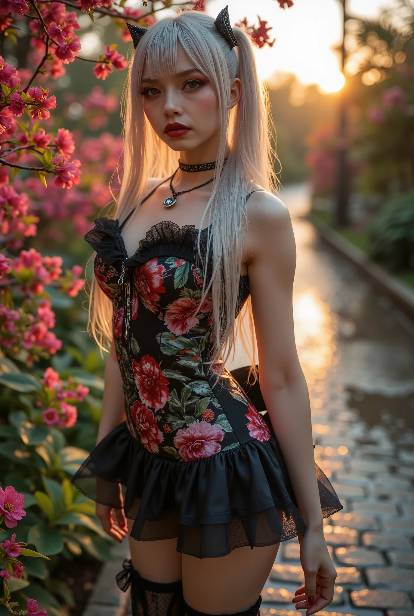  [Style: "masterpiece, realistic (Photorealistic realism), Hyper high resolution, (ultra quality, intricately detailed digital art), focus on extremely Realistic Proportion Body"] (Key Directive: "Prioritize anatomical accuracy and material textures") "Portrait of {a woman with, wearing a dress, standing in a garden | ultra realistic texture details: velvety skin, hair}" {Character: "20-year-old white woman" | Face: "symmetrical, pale skin, full lips, red lipstick: 1.15" | Eyes: "((sharp focus, no blurry eyes, Hyper absurd quality, Hyper details, Hyper realistic green eyes:1.4))" - "((extra narrow eyebrows))" - "(Carefully draw Long blue_mascara:1.2)" - "(perfect round eyes)" | Makeup: "detailed lips:1.3, (apply glossy red_lipstick:1.3)" | Hair: "white with pigtails, bangs (setting light reflections: 0.8)" | Pose: "dynamic side position" - "hand is stretched out towards the viewer (inviting hand gesture)" | Outfit: [Top: - "White Dress made of (clothes made of silk and flower, lace fishnet, tight fitting dresses)] [Bottom: "Ruffled Black Gothic Punk Skirt (lace with fishnets, white lace-up)]" - "Ultra intricate detailed ((she is the embodiment of beauty and allure, Dressed in a breathtaking and sophisticated floral bodysuit, elegant and sophisticated fashion:1.2)) | Environment: "garden street at sunset (((rain-slick cobblestones), colorful flowers, cherry blossoms))" | (Post-production: "chromatic aberration: 0.7") (Rendering engine: "Unreal Engine 5 path tracing, 16K texture maps"). The ultra-Highres,Unreal 5,Subsurface scattering,PBR Texturing,Post-Processing,Anisotropic Filtering,depth of fields,Maximum Sharpness and Sharpness,multi-layered texture,Albedo and Specular maps,Surface Shading,Precise simulation of light-material interactions,perfectly proportions,Octane rendering,Two-tone illumination,Wide Aperture, low ISO, white balance, The rule of thirds }