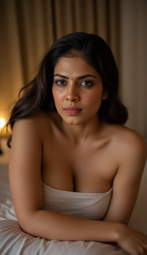 lavanya , closeup face, potrait, face close up, ((naked)), in bedroom, ultrarealsitic, body closeup, close up body shot, cleavage and navel, milf, looking at viewer, masterpiece, ultrarealistic, ((fair skin)), free shaggy hair, high quality,( make up), (((skin texture))), (((photorealistic)))