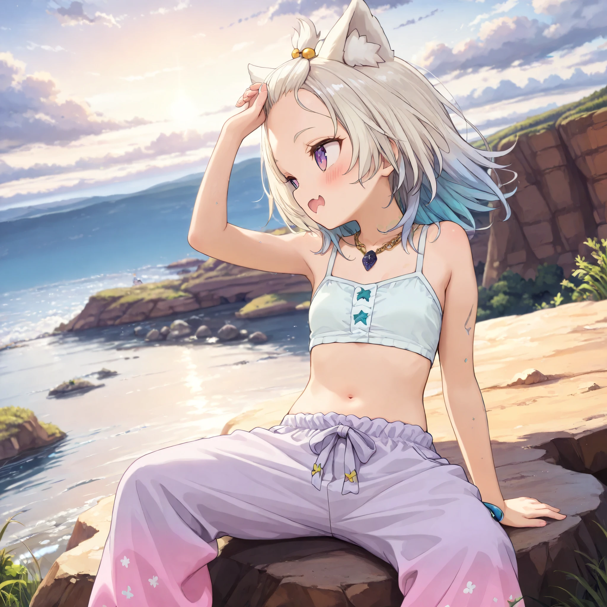 ((Masterpiece)), ((best quality)), (8K), (profile), (detailed background:1.2), (super detail:1.2),(High Definition:1.3), (Professional Photography:1.2), (very aesthetic:1.2), (absurdres:1.2), (sharp focus), ((1girl)), Cute age Girl, (Textured skin, brown-skin), (pale purple eyes, gradient eyes, looking at side), (platinum-gold hair), (bangs pinned back, cute forehead), gradient hair, blue color Hair Tip, (medium hair), small breast, (Healthy Gaunt body), (open mouth wide, skin fang), seductive smile, blush, (cute cheeks), glossy lips, pouty lips, (lower eyelashes), tilt head, (put on cat ears), Beautiful collarbones, BREAK, ((nomadic croptop, nomadic harf pants)), (slightly exposed Lower abdomen), (unconventional accessories, unconventional necklace), loose arm up, ((loose sitting on the rock, legs apart)), outside Landscape below the deep cliff at sunrise, outdoor, cloud of dust, summer day, morning glow, (Beautiful landscape),