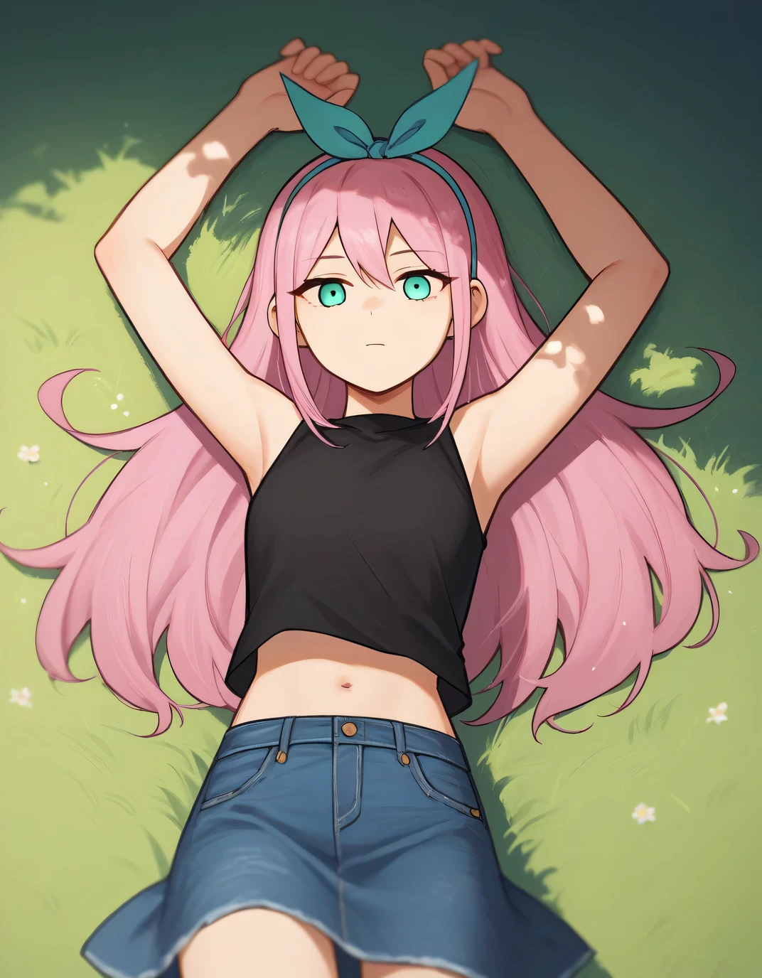 aubreyomori, aqua eyes, pink hair, hairband, long hair, black shirt, sleeveless, navel, midriff, denim skirt, high quality, solo, lying, on back, spread arms, arms up, closed mouth, on grass, looking at viewer, cowboy shot, expressionless, best quality