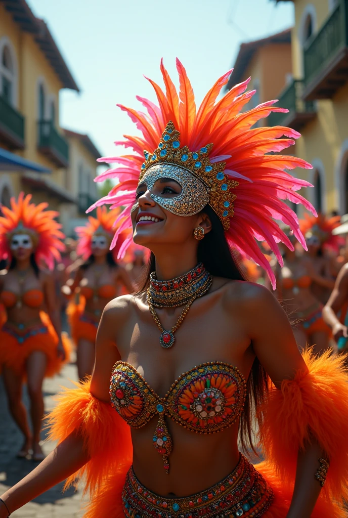 At the lively Rio Carnival, a Brazilian woman dressed in extravagant festive attire, with a close-up of her breast adornments and her vibrant facial expressions, capturing her enthusiasm and the spirit of the festival.