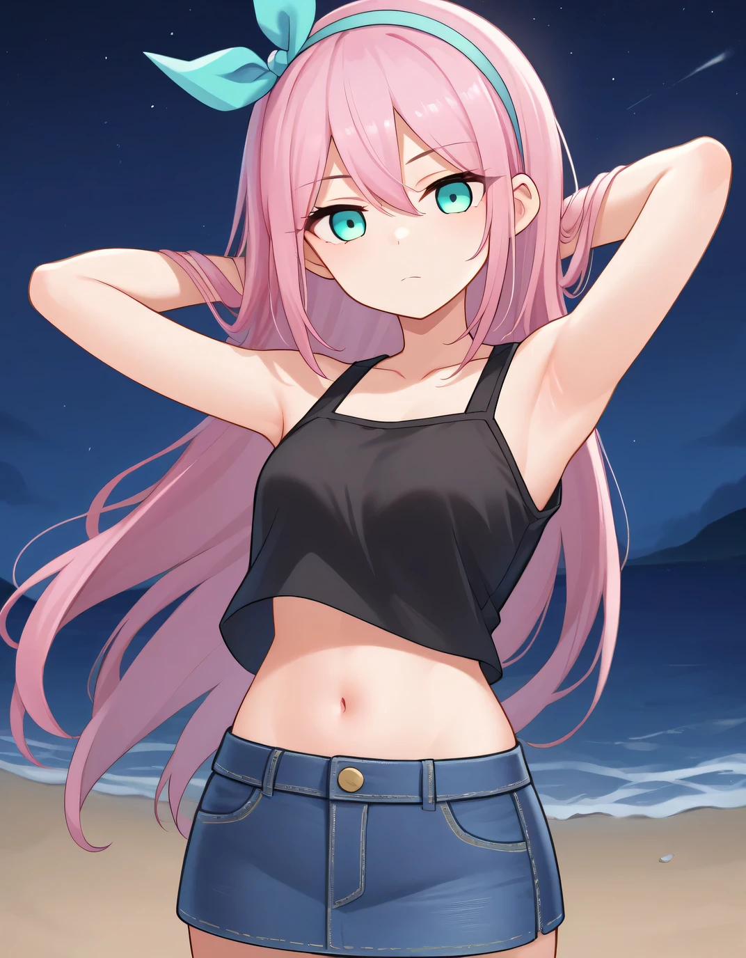 aubreyomori, aqua eyes, pink hair, hairband, long hair, black shirt, navel, midriff, denim skirt, high quality, solo, night sky, beach, hands behind head, (contrapposto), closed mouth, spread armpits, expressionless, cowboy shot, looking at viewer, best quality