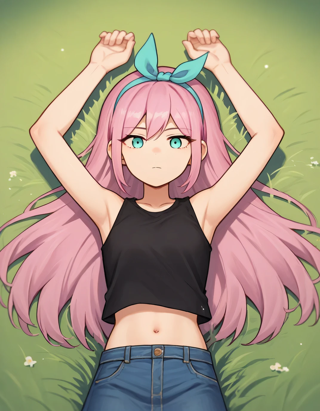 aubreyomori, aqua eyes, pink hair, hairband, long hair, black shirt, sleeveless, navel, midriff, denim skirt, high quality, solo, lying, on back, spread arms, arms up, closed mouth, on grass, looking at viewer, cowboy shot, expressionless, best quality
