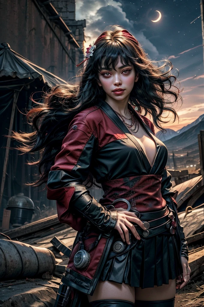 stunning girlfriend, (standing:1.1), dynamic pose, heart shaped face, elegant face, beautiful face, highly detailed face, highly detailed skin, skin pores, subsurface scattering, realistic pupils, loving smile, looking at viewer, full face blush, full lips, detailed background, depth of field, atmospheric perspective, volumetric lighting, sharp focus, absurdres, realistic proportions, good anatomy, (realistic, hyperrealistic:1.4), 16k hdr, 1girl, bangs, black_hair, black_kimono, breasts, flower, hair_between_eyes, hair_flower, hair_ornament, japanese_clothes, thighhighs kimono, long_hair, looking_at_viewer, multicolored_hair, night, stars, obi, red_eyes, red_hair, sash,standing on lunar surface, craters, distant mountains, (planet earth in the sky), solo