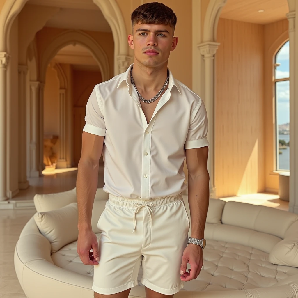 fashion editorial photo, a charming male supermodel, 2, mixed of Thai and European male supermodel, graces the scene with his magnetic presence, short blonde undercut hairstyle framing his delicate and symmetric face, exudes a masculine yet tender allure. small pectorals and slender physique are complemented by a natural olive skin tone, radiating youthfulness, athleticism, and sexual intimacy.
setting in Rococo style bath adorned with a white and gold mosaic stone wall, lending an air of elegance and sophistication to the scene. The model lounges in the bathtub, ((laying in a sexual inviting pose)), half torso partially submerged in water. wet white sheer underwear, accentuating his toned physique and showcasing a semi hard wet bulge, cock line, adding to the sensuality of the image.
Surrounded by fresh flower floating on the water along with a beautiful decorating, the scene exudes a whimsical and enchanting atmosphere. The model's relaxed pose and captivating gaze draw the viewer in, inviting them to bask in the serene ambiance of the betting.
Captured from a dynamic angle, Top view, the focus of the photo is on the model's alluring presence and the delicate interplay of light and shadow on his skin. Soft, warm light bathes the scene, creating a romantic ambiance and enhancing the overall allure.
Photographed with a Canon 5D mk4, Sigma AF 85mm F1.4 by Thomas Synnamon, professional photographer, the image boasts unparalleled quality and attention to detail. The layering and arrangement of body parts and surrounding objects are carefully considered to ensure a flawless composition. Ultimately, this masterpiece celebrates the beauty of the male body form and invites viewers to immerse themselves in a world of sophistication and charm, with its seductive lighting, intricate details, and romantic atmosphere, wet body, bulge focus,