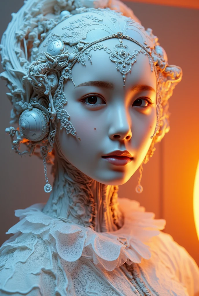 (a porcelain:1.1) [female (statue:1.1) : porcelain skin [Anna Sophia Robb | Jennifer Freeman] face : 0.75] with fractured body, shattered surface, intricate deep cracks, uncanny shot