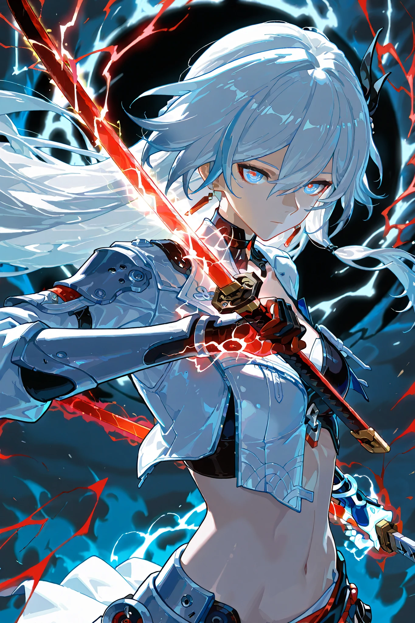 Anime illustration, backlighting, backlit, cold light, colorful, light reflection, solo, 1girl, upper body shot, asymmetrical armor, detailed skin, extremely detailed eyes, dynamic pose, [Fu Hua(CoT):Lucia Crimson Weave /(punishing gray raven)/:0.6], two hands, dual wielding, white hair, long hair, golden aura, black hole in the background, stylized black hole, zanmadao, (holding a nodachi, holding a massive katana, white and blue and red electricity, red electric aura, black electricity:1.33), torrential downpour of flames, burning rain, barely constrained madness, expressionless, small breasts, white and gray armor, white clothes, cosmic arm, astral arm, chinese clothes, Herrscher of Sentience /(Honkai Impact 3rd)/, white jacket, long jacket, trenchcoat, exposed midriff, exposed stomach, ancient greek skirt, toga armor, golden aura, golden hairstreaks, golden streaks