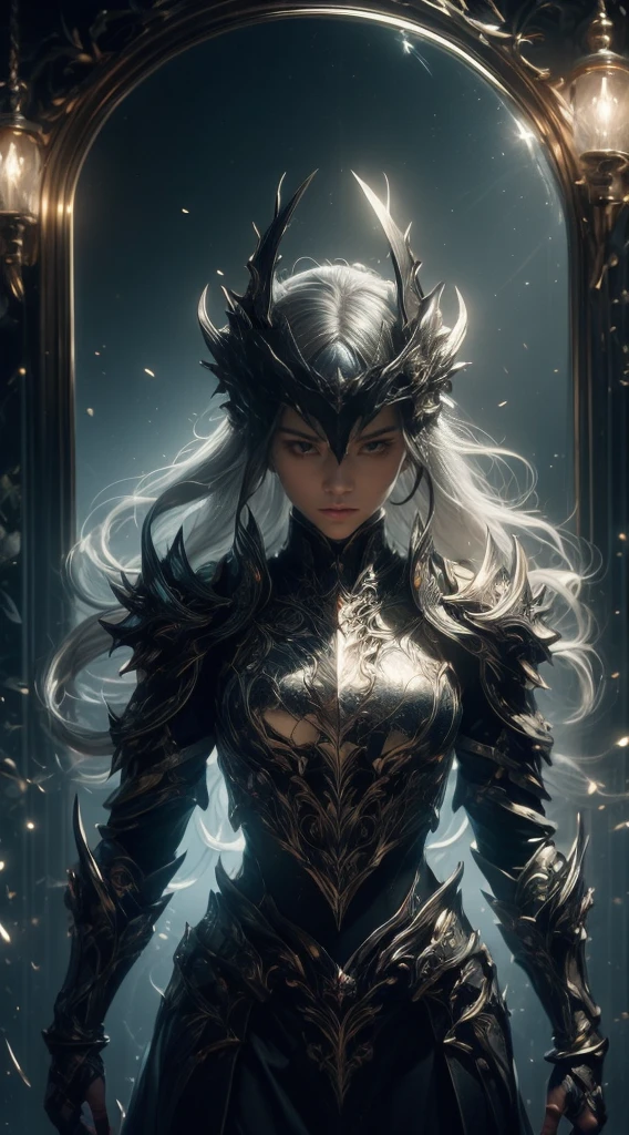 Female elf,Large breasts,Silver armor,tiara crown,dramatics,Fly on a dragon