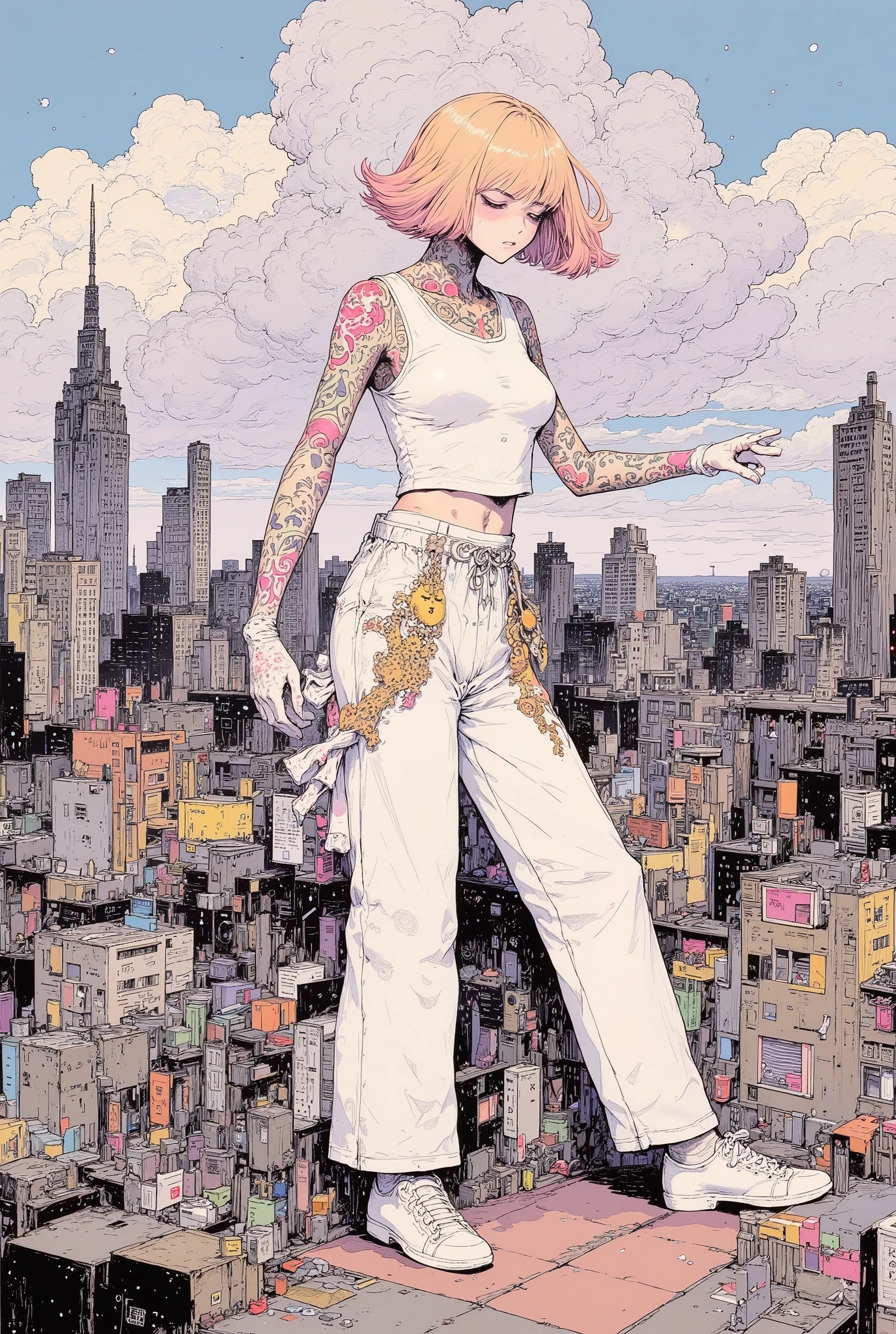 Anime - style illustration of a woman with tattoos on her arms standing ...