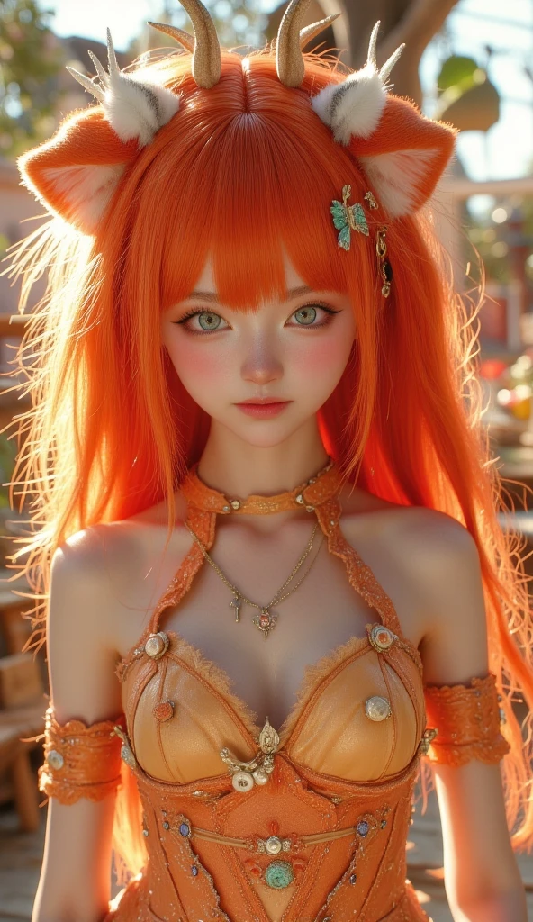 Red and orange color scheme、Sexy girl nipples、tiny body、Silvery curly hair、upper body