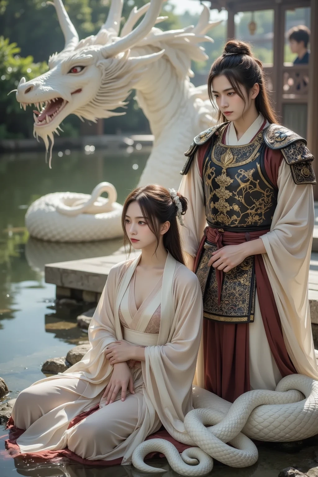 (couple cuddling) rough man Zeus muscular naked, beauty, sexy, big breasts, cleavage, bare legs, see-through, standing, hanfu, wet, clear, realistic, highest detail, Chinese mythology, dragon pattern, phoenix, sacred, holy, mountains