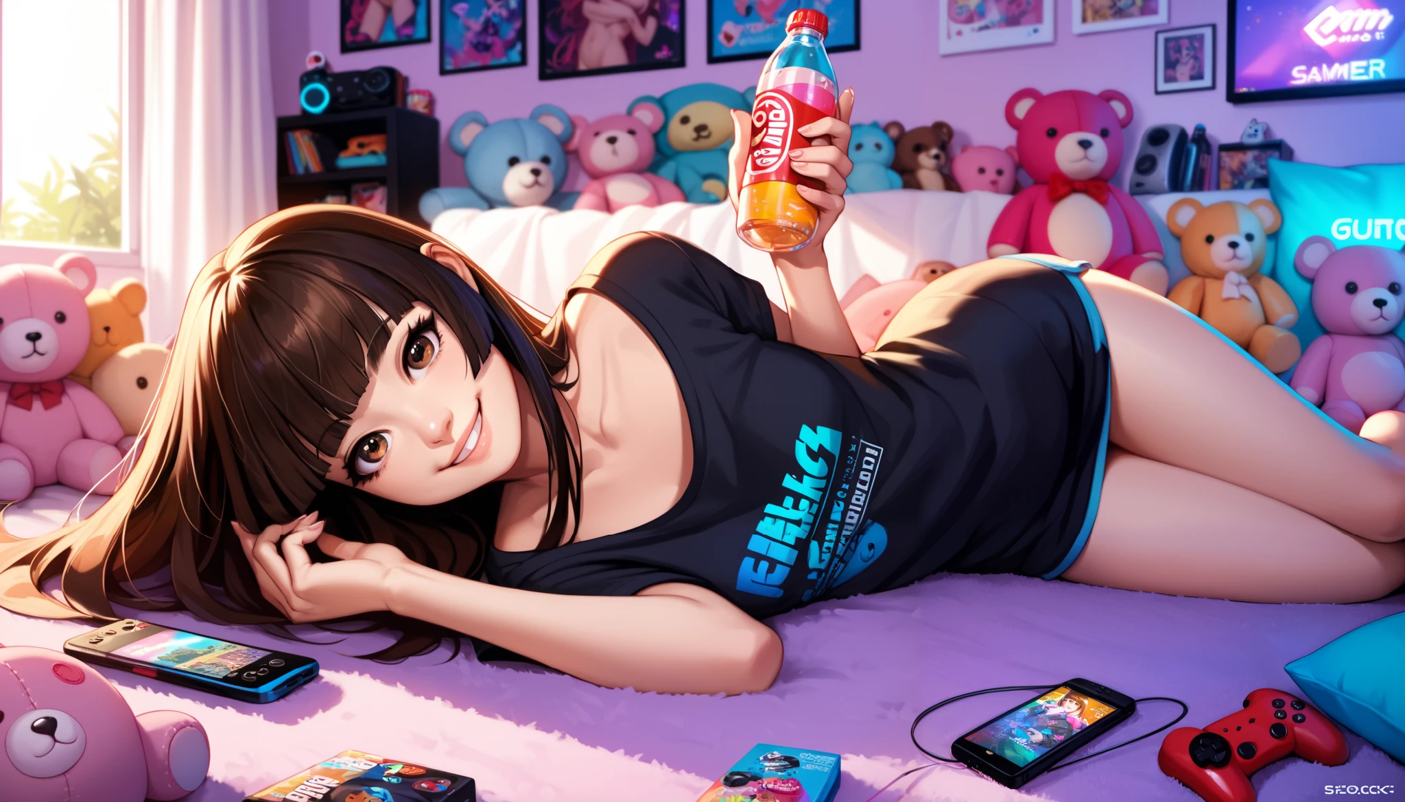 score_9, score_8_up, score_7_up, source_anime, 1girl, solo, smile, lying, brown hair, long hair, hime cut, hmcut, brown eyes, stuffed animals, bedroom, holding a bottle, gamer, small breasts, joysticks, snacks, cute, vibrant colors