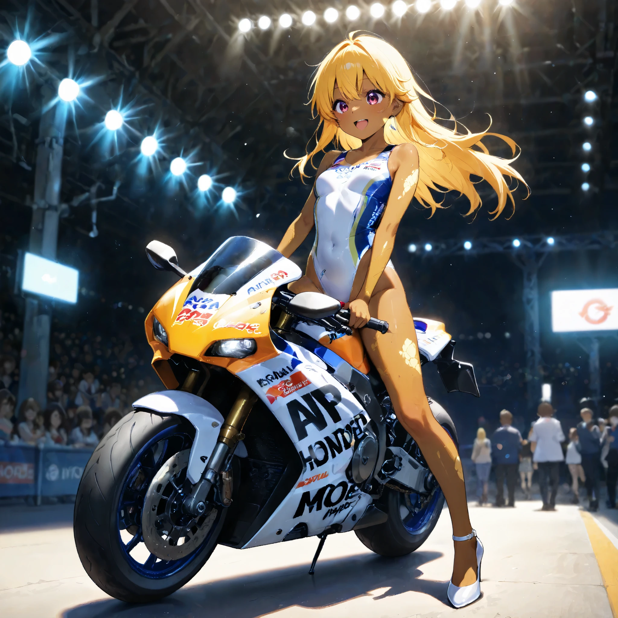 A high school girl is riding a Honda repsol MotoGP , brown skin , small breasts, video, yellow hair , Invitation , top quality, textured skin, high heels、 MOVIE LIGHT EFFECT,