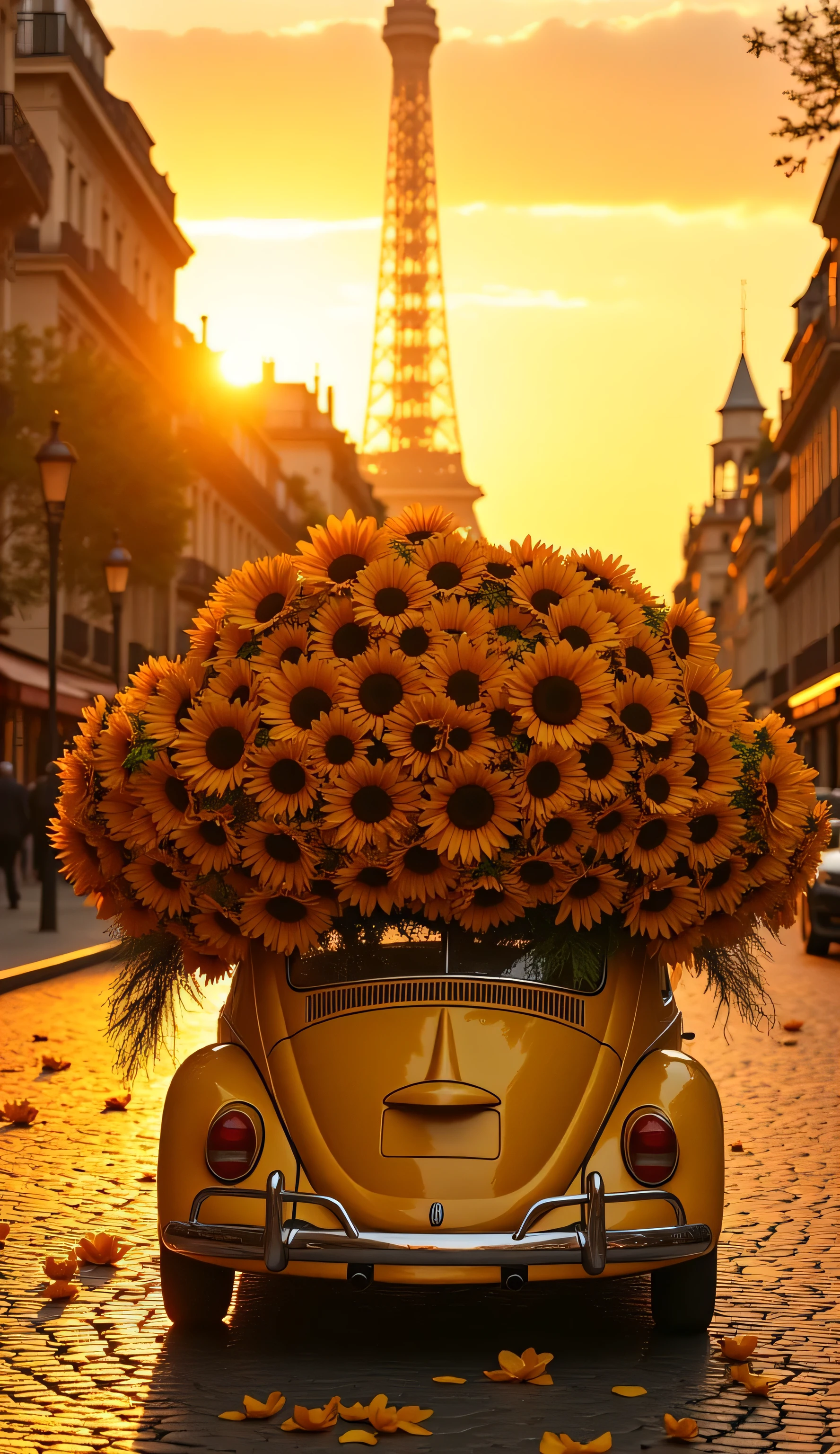 vibrant cinematic scene of sunset-drenched Paris bathed in golden hour glow. The iconic Eiffel Tower stands majestically in the distance, visible against the warm evening sky.
In the foreground, a vintage yellow Volkswagen Beetle moves away from the viewer, its rear fully loaded with an enormous bouquet of sunny sunflowers. The floral arrangement towers over the car, measuring nearly half its size, consisting of lush yellow sunflowers with dark centers arranged in perfect harmony. Individual blooms spill gracefully over the car's edges, their petals catching the warm evening light.
The scene is set during the magical twilight moment when the sun sinks low on the horizon, painting the sky in hues of soft gold, amber, and warm orange. Each element is illuminated perfectly - the Eiffel Tower's iron lattice sparkles with emerging lights, standing out against the glowing sky.
Parisian architecture along the street features elegant Haussmann buildings with their characteristic balconies and ornate details, all softly silhouetted against the warm backdrop. Cobblestone road reflects subtle hints of sunlight, enhancing the cheerful atmosphere without appearing wet.
The vintage Volkswagen maintains authentic period details - rounded headlights, classic chrome accents, and pristine paintwork that captures every nuance of the setting sun's colors. Its slow movement away from the viewer creates a sense of peaceful departure, leaving behind trails of delicate petals that gently fall from the oversized bouquet.
Lighting enhances the joyful mood - warm golden sunlight fills the scene, creating soft shadows and highlights. Every petal of the sunflowers shimmers with vibrancy, showing fine details of their structure. Soft ambient glow wraps around all elements, maintaining perfect balance between highlights and shadows.
Art style combines hyper-realistic rendering with uplifting qualities, using soft focus techniques to emphasize depth. Perfect color grading ensures harmonious