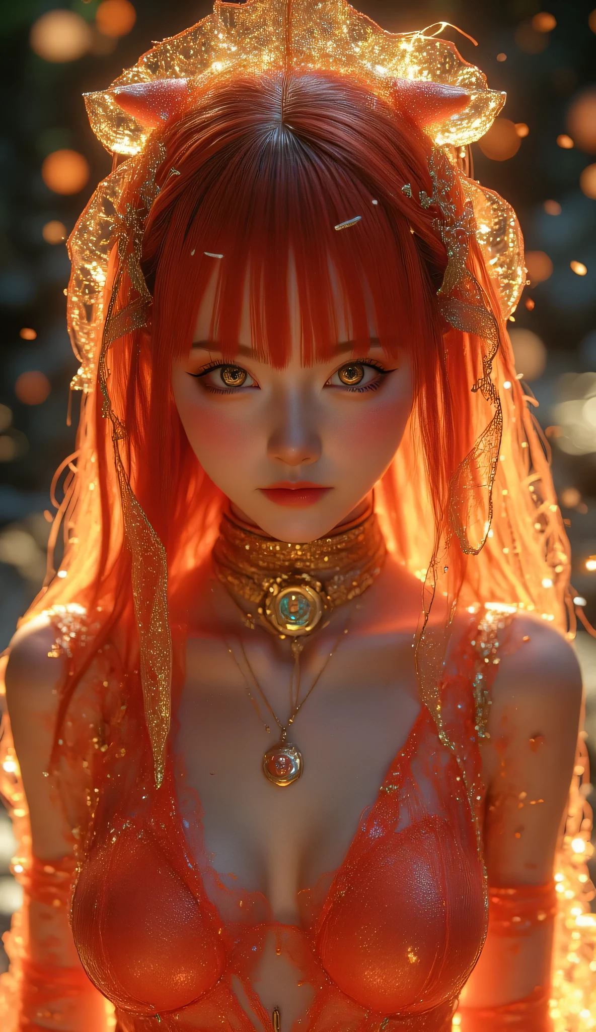 red yellow girl glows her hair in tight kigurumi thong veil clothes