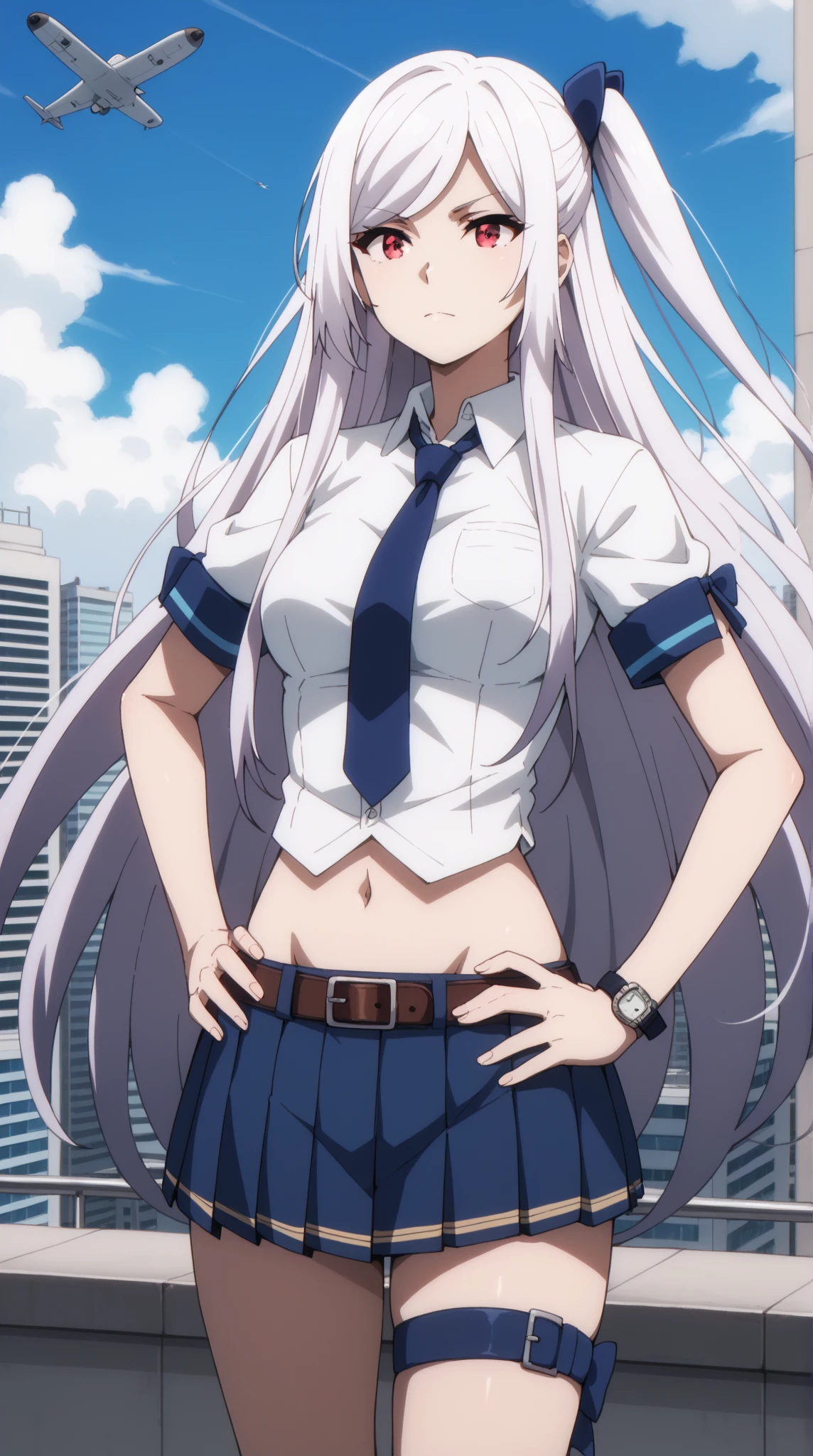 One girl, (masterpiece:1.3), (High resolution), (8K), (Very detailed), (4K), (Pixiv), Perfect Face, Beautiful eyes and face, (Highest quality), (Very detailed), Detailed face and eyes, (alone), Textured skin, Absurd, High resolution, Crown, Very long hair, (close your eyes), , Pleated skirt, mini skirt, Grey Hair, Large Breasts, Fingerless gloves, Short sleeve, bow tie, shirt, Best, Outdoor, Are standing, modeling, sexy