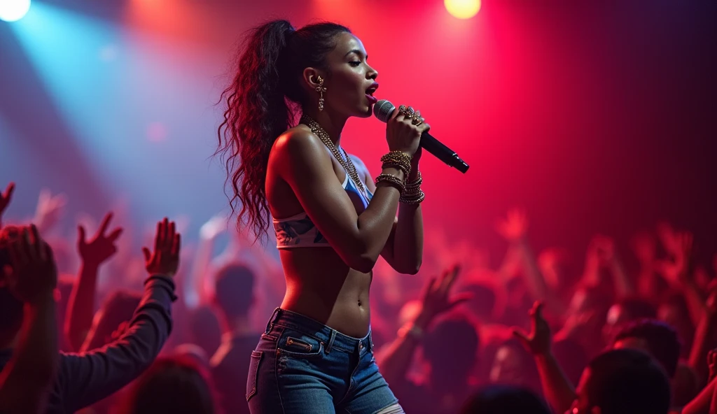 Pop singer singing at a party with many women