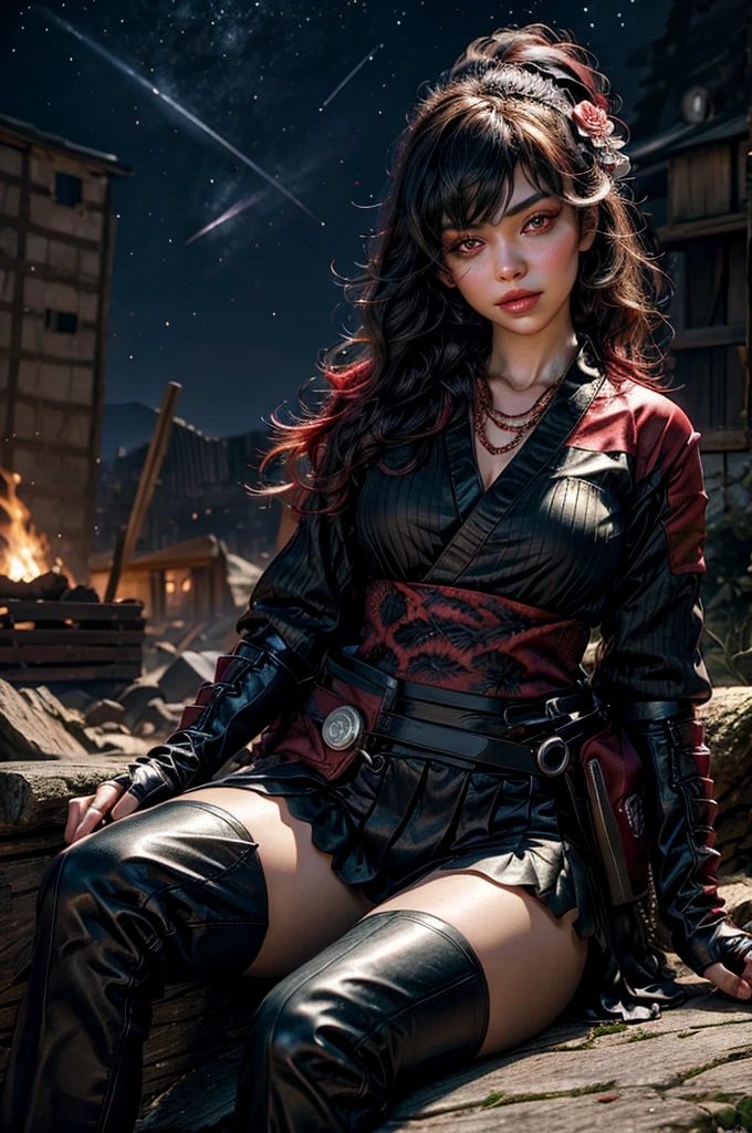 raven branwen, stunning girlfriend, (standing:1.1), dynamic pose, heart shaped face, elegant face, beautiful face, highly detailed face, highly detailed skin, skin pores, subsurface scattering, realistic pupils, loving smile, looking at viewer, full face blush, full lips, detailed background, depth of field, atmospheric perspective, volumetric lighting, sharp focus, absurdres, realistic proportions, good anatomy, (realistic, hyperrealistic:1.4), 16k hdr, 1girl, bangs, black_hair, black_kimono, breasts, flower, hair_between_eyes, hair_flower, hair_ornament, japanese_clothes, thighhighs kimono, long_hair, looking_at_viewer, multicolored_hair, obi, red_eyes, red_hair, sash, outdoors, night, stars, moon, in city ruins on hill, crowd (crowd in military uniform), sitting on tree trunk, overlooking valley, BREAK sand, BREAK mountains in background, waterfall, vehicle wreck, , bonfires, post-apocalypse, dystopian future, 