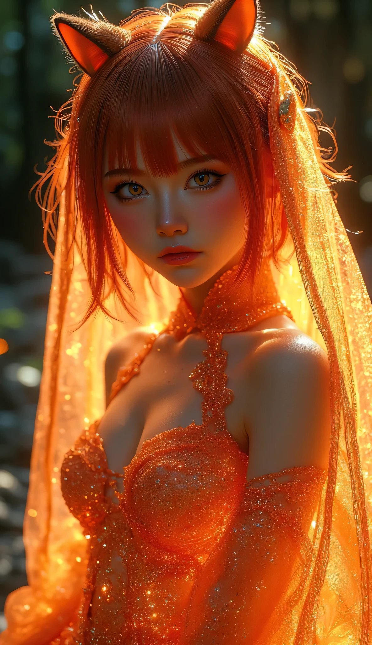 red yellow girl glows her hair in tight kigurumi thong veil clothes