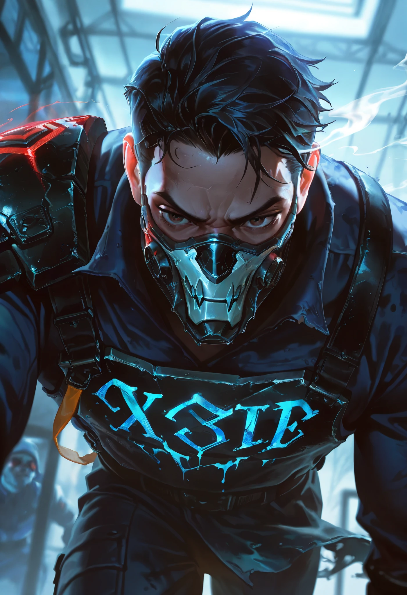 best quality, masterpiece (quality), L0LSPL4SH, year2024, year2023, West Studio, sixmorevodka, portrait, 1male, 58 years old male, chinese eyes, black hair, cold gaze, cruel gaze, villain posture, brown eyes, dark circles, dirty scientist outfit, scratched outfit, glases, sixmorevodka, jayce