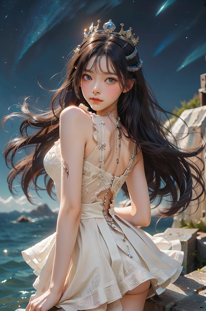 ((dark fantasy)), ((wavy hair, pale skin),((light blue eyes)), freckles, warm light,( 16 years old),busty,Glamour,Gorgeous,monochromes,erotic posing,Dynamic Posing,Arrange Pose,Dramatic,Cinematic,Detailed background, Dynamic Angle,From the angle of the film,Gothic background, Dark fantastic view,Best Quality,masutepiece,8K,The ultimate detailed dark background, Top image quality、RAW photography、超A high resolution，cropped shoulders, overall look is very erotic、Shot for one person only, model shoot, Large round chest, Beautiful Eyes of Details、Very slender eyes、Beautiful eyelashes、Very slim physique, with blush cheeks,Pearl Beaded Bralet Top, ((pearl top)), opal pearl in hand