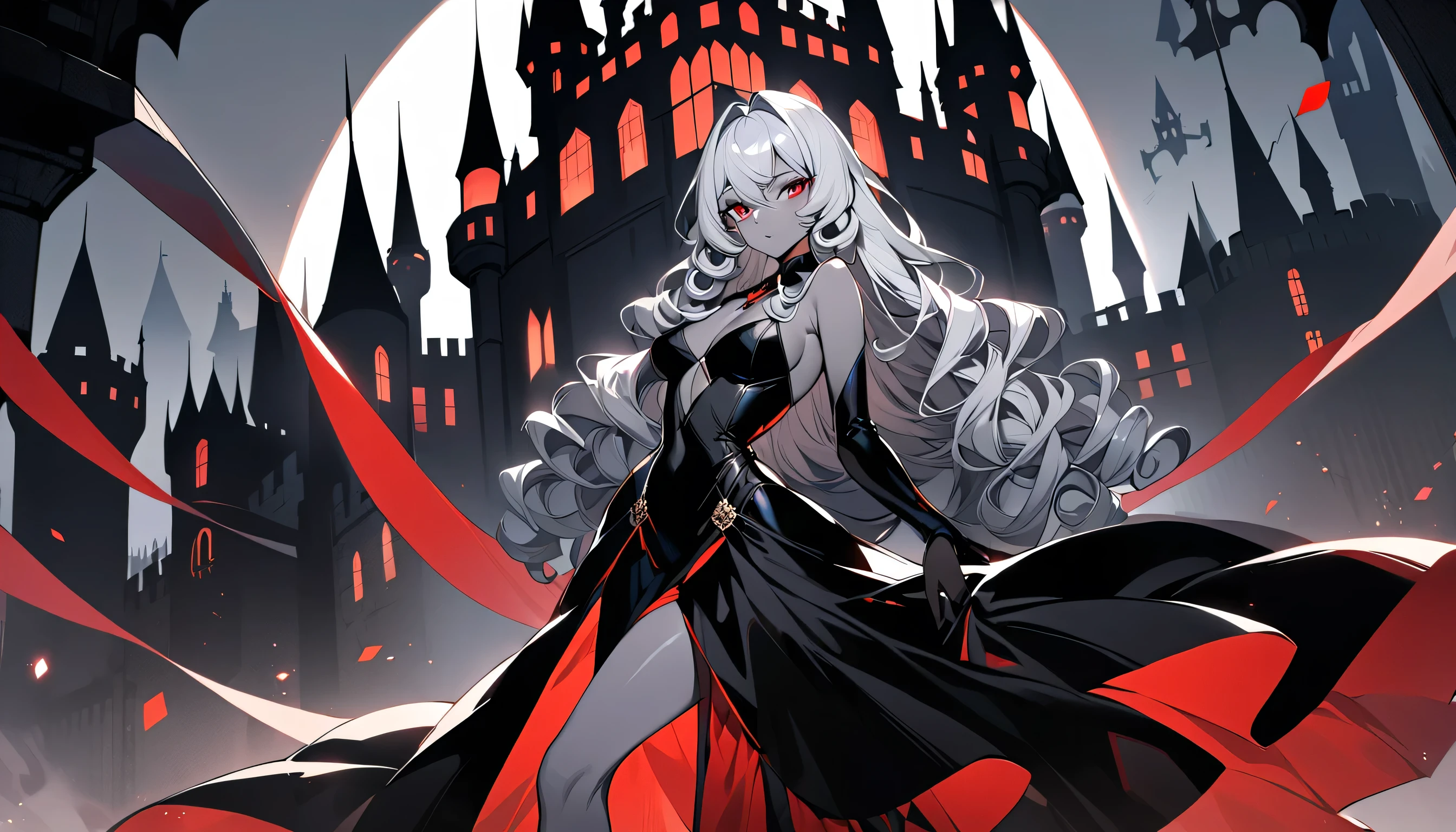 1girl, (solo), alice, vampire, grey hair, long hair, red eyes, pointy ears, serious face, small breasts, small size, sexy black dress, sex view, full body, very lots of cum on sex, sitting down, medieval castle, (night), white moon, (very sexy body, detailed face, masterpiece, highly detailed, 8k, best quality, vibrant colors, digital art, concept art)