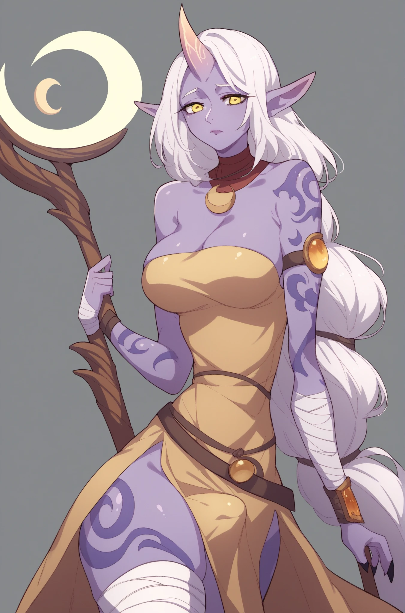 (NSFW, Revealing Mage Armor:1.3), sexy bovine woman, Magical Furry, purple spotted fur, long purple hair, large bovine staff