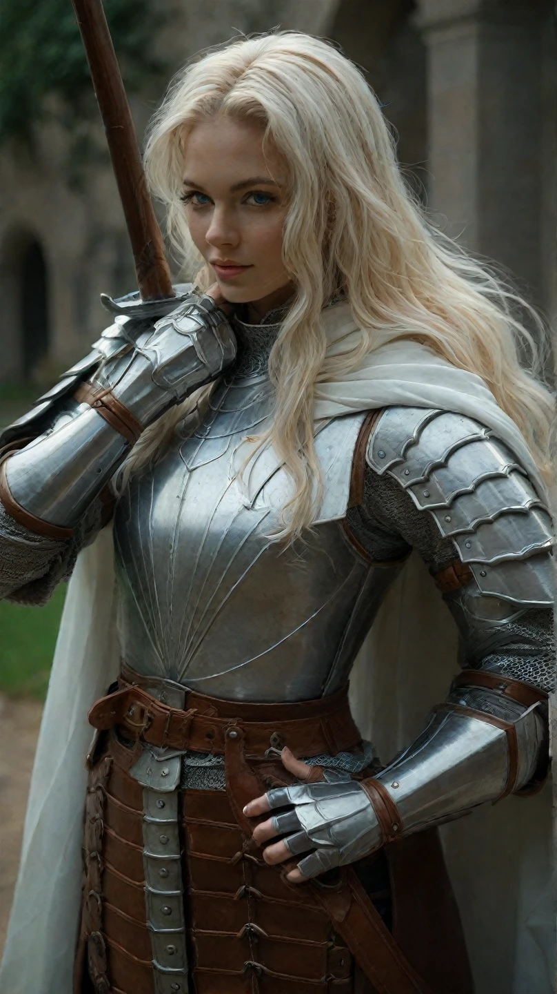 Foto hiperrealista en primer plano de 20 years old Maria Bello, Create dystopian masterpieces, scene from the Game of Thrones movie, the entire figure dressed in Game of Thrones style, light blue dress with armor accessories, inside a medieval in, beautiful woman, skinny, small breasts, straight blond hair, detailed face, smile, photo taken from a distance, age 20 tears old