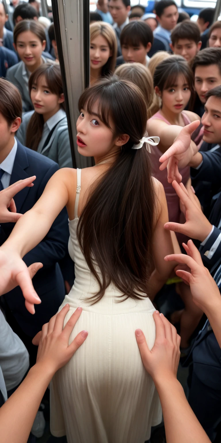 (Highest quality, masterpiece, Photorealistic, Very detailed, Ultra-high resolution, to be born:1.3), (Three people:1.3), beautiful, Japanese, mature, 2, Office workers, (Close bonds, Short skirt), ({money| Silver| wine-red| navy| pink| Yellow green| violet| Sky blue} Clothes), (smile), (bangs), high waist, necklace, (Tokyo, Outdoor, Shibuya Station), (Long legs, High heels, whole body:1.2), (Very huge  bigger than a face:1.99), (Big Ass)､ ((They are famous glamour models with perfect bodies and glamour.)), ((Large crowds:1.95, 
 Her breasts are fondled by several men, These girls enjoy having their asses touched and massaged.:1.75))