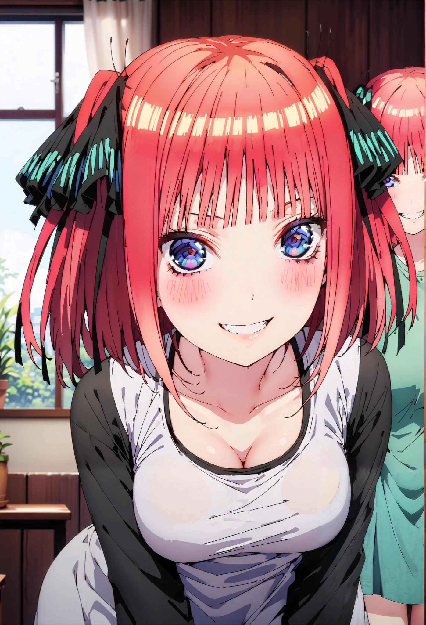 Nijino Nino , short hair, bangs, blue eyes, hair ornaments close to the garden, hair bow, pink hair, blunt bangs, two side up, butterfly hair ornaments close to the garden,smile,blush, grin ,Black string underwear ,Big Breasts, Chest Valley, slouching forward, down blouse that shifts the chest, loose t-shirt ,Bare legs, Interior , beautiful scenery,morning,Jiebing,so that the whole body is in the illustration, break indoors, bedroom,
break looking at viewer,
break (masterpiece:1.2),Highest quality , kampala, Unity 8K Wallpaper ,(shape:0.8),( fine, beautiful eyes :1.6),It's a person , full body photo,CG Details , (perfect hands, complete anatomy),